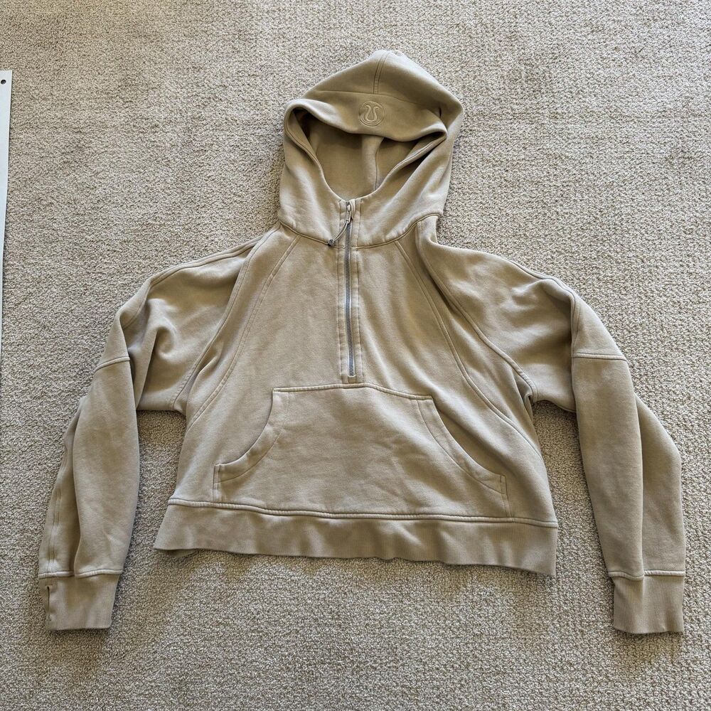 Lululemon Scuba Hoodie Womens XL Beige 1/2 Zip Fleece Oversized Cropped Logo